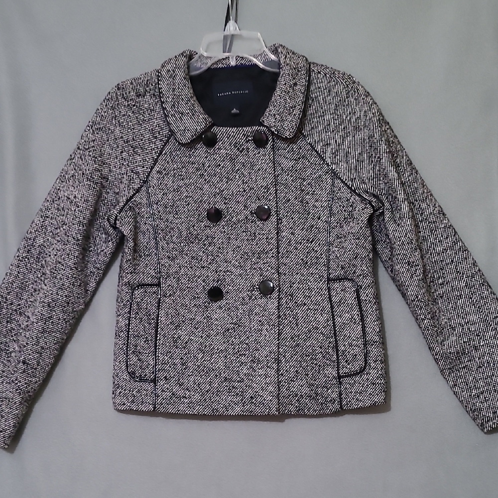 BANANA REPUBLIC Black and White Lined Peacoat Classic Wool-Blend Jacket - Size 6